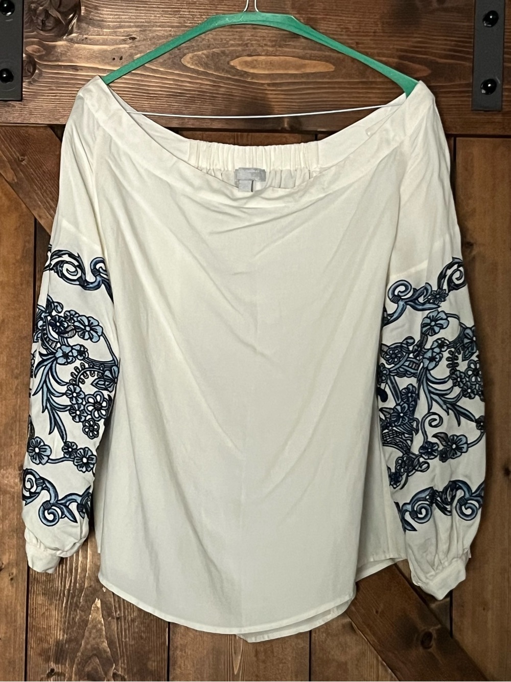 Hilary Radley for Katherine Barclay Boho Blouse  with Navy Embroidered Sleeves